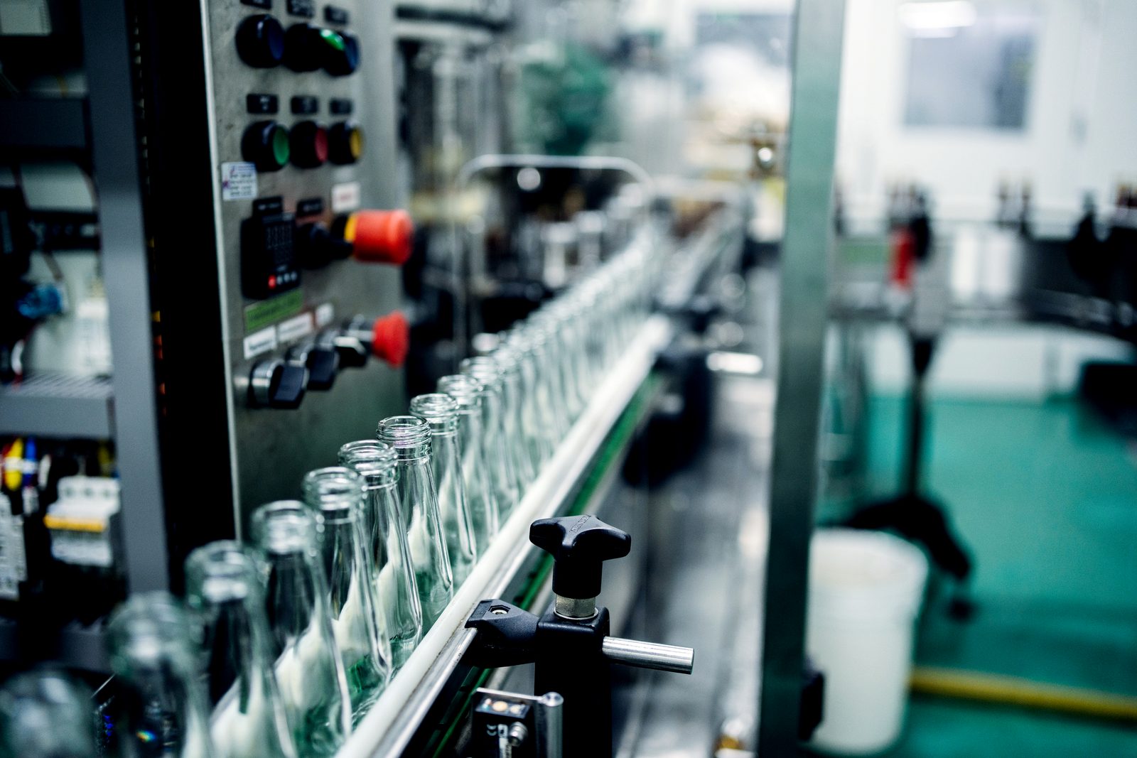 Glass bottles on an automated filling line
