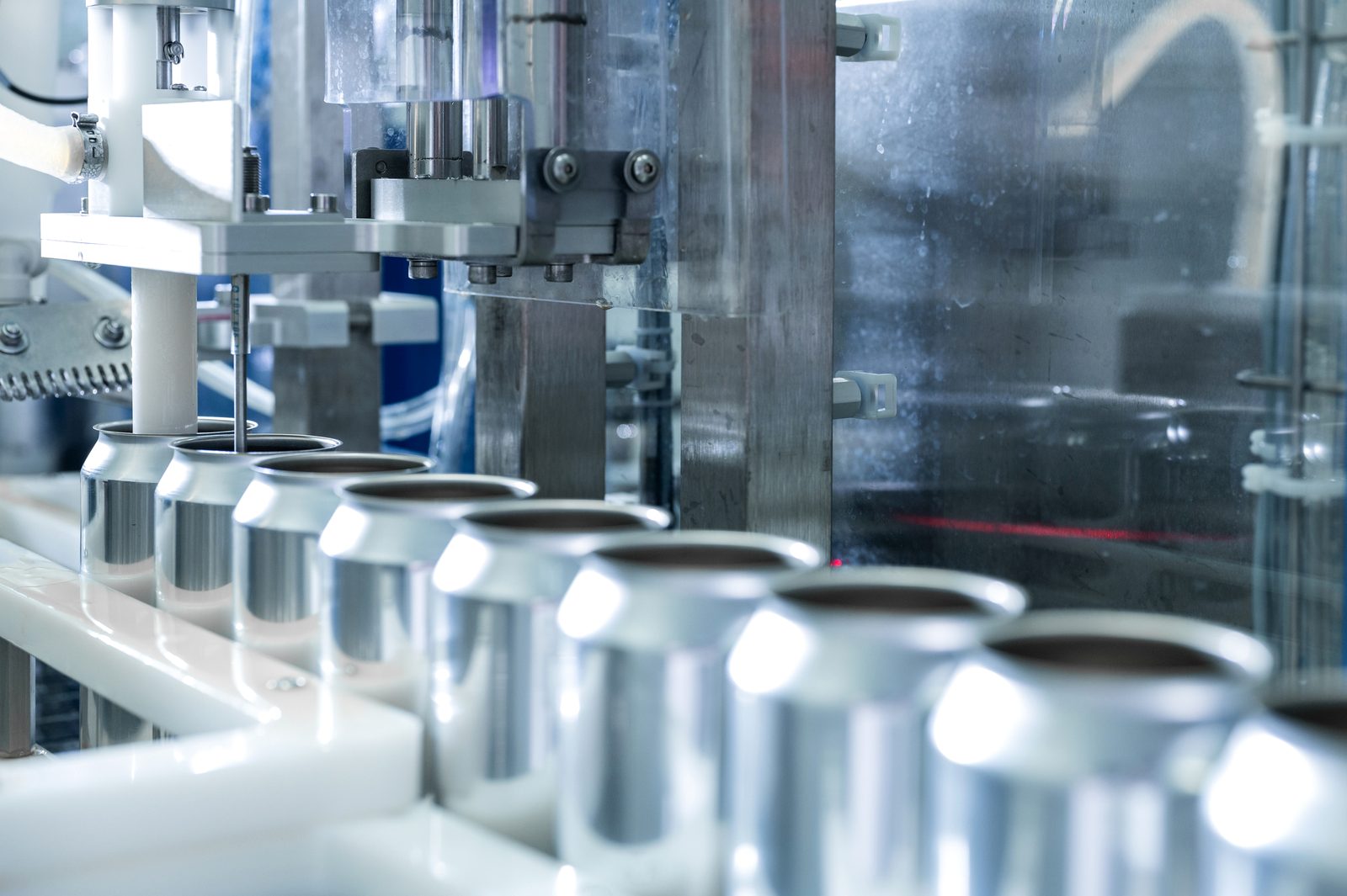 Beverage cans on a filling line